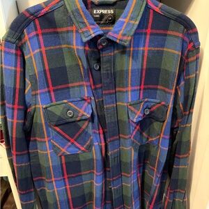 Express Men's Blue and Green Plaid Shirt